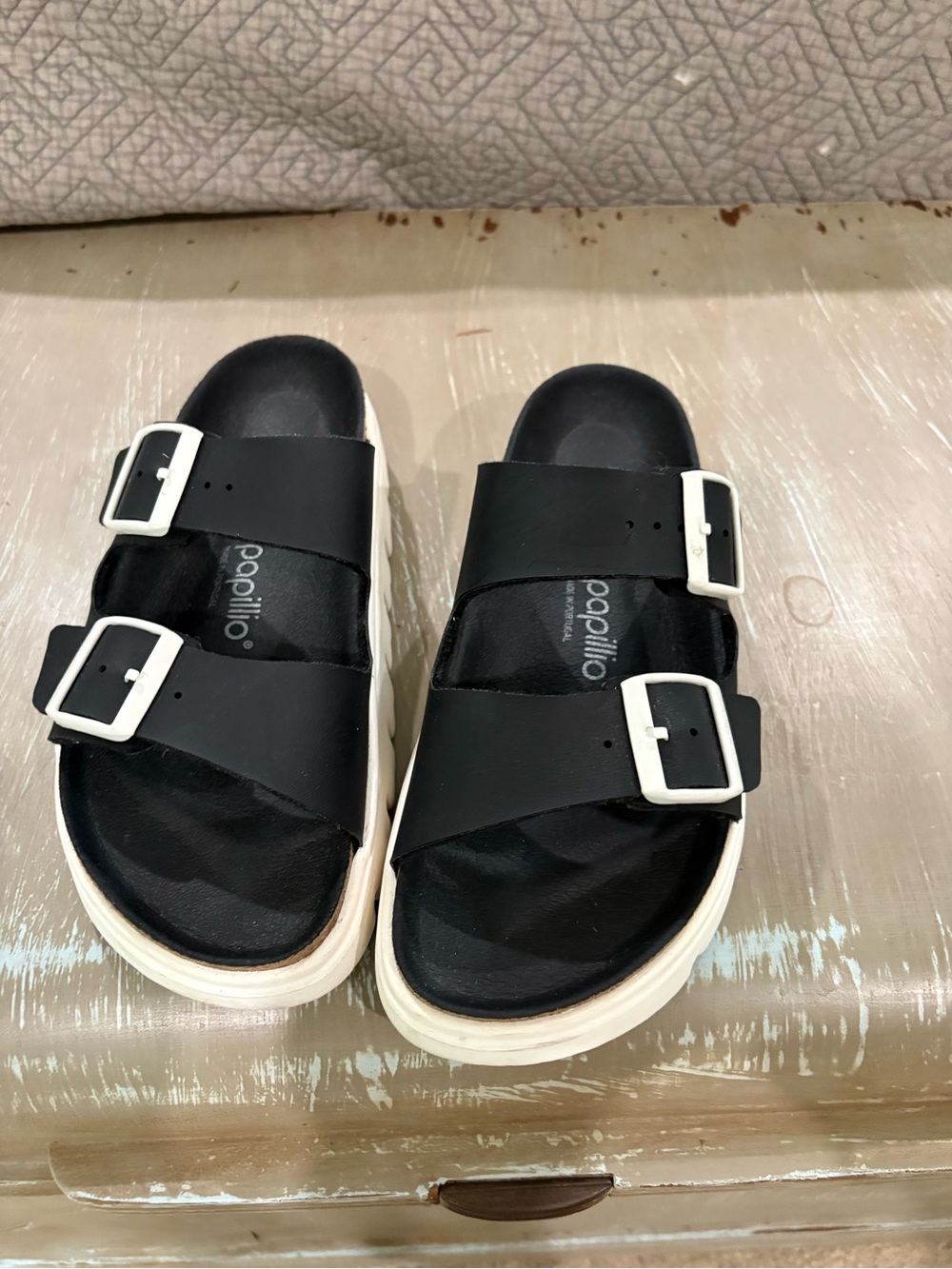 Birkenstock Papillio Black Sandals with White Buckles and Cream Platform